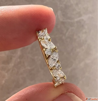 Round Marquise Half Eternity Wedding Band Unique 14K Yellow Gold Moissanite Engagement Modern Promis