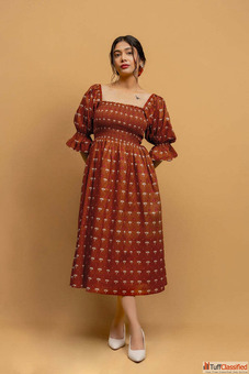 Buy Daisy Cotton Printed Puff Sleeves Brown Dress For Women Online By Odhanon