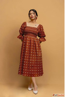 Buy Daisy Cotton Printed Puff Sleeves Brown Dress For Women ...