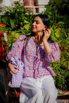 Buy Blue Tie-Up Cotton Printed Top For Women By Odhanon