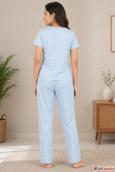 Women Night Suit Set Soft Cotton Printed Nightwear for Women Comfortable Half Sleeve Top Pajama Set