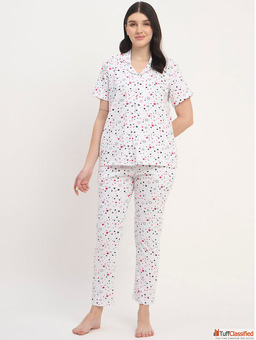 Women Night Suit Set Soft Cotton Printed Nightwear for Women Half Sleeve T-Shirt Pyjama Lounge Wear 