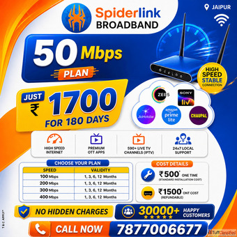 6 Months 50Mbps Fiber WiFi Free OTTs Just 1700
