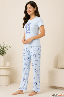 Women Night Suit Set Soft Cotton Printed Nightwear for Women Half Sleeve T-Shirt Pyjama Lounge Wear 