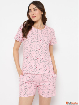 Women Short Set Cotton Nightwear for Women Cute Printed Half Sleeve T-Shirt Shorts Co-Ord Set Soft S