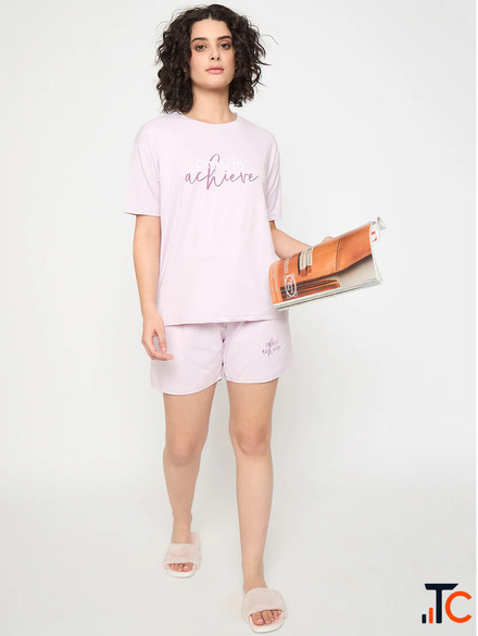 Women's Pink Printed Cotton Short Set Half Sleeve Night Suit Soft Breathable Loungewear