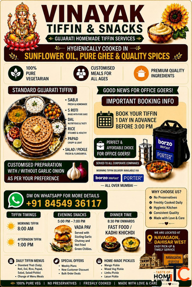 Fresh Homemade Gujarati Tiffin Service in Dahisar West Mumbai Maharashtra Office Home Delivery