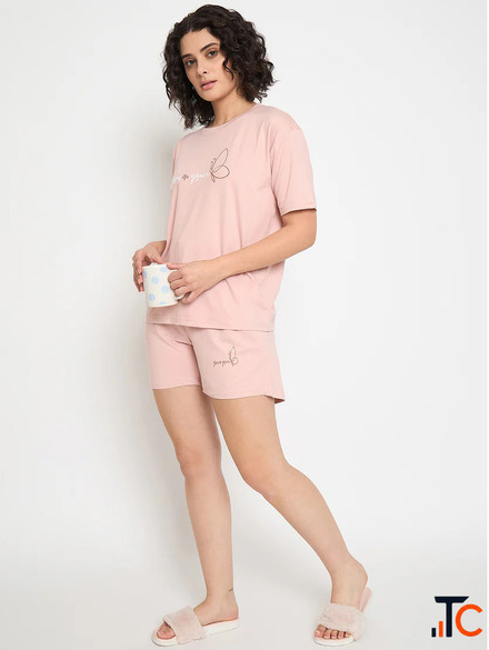 Women's Cotton Short Set - Printed T-Shirt Shorts Co-Ord Set Soft Summer Nightwear Loungewear f