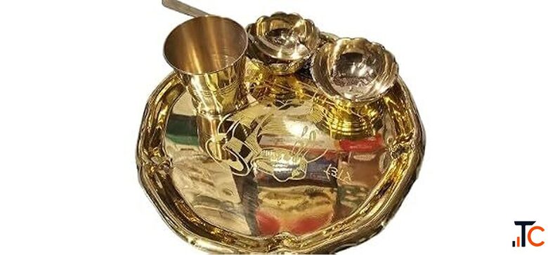 Traditional Brass Puja Thali Set with Glass Bowls Gold-Toned Decorative Plate for Worship