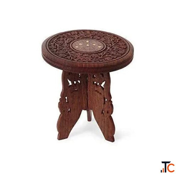 Decorative Wooden Folding Stool with Carved Design Round Top Brown