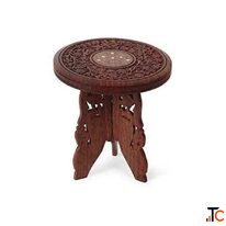 Decorative Wooden Folding Stool with Carved Design Round Top Brown