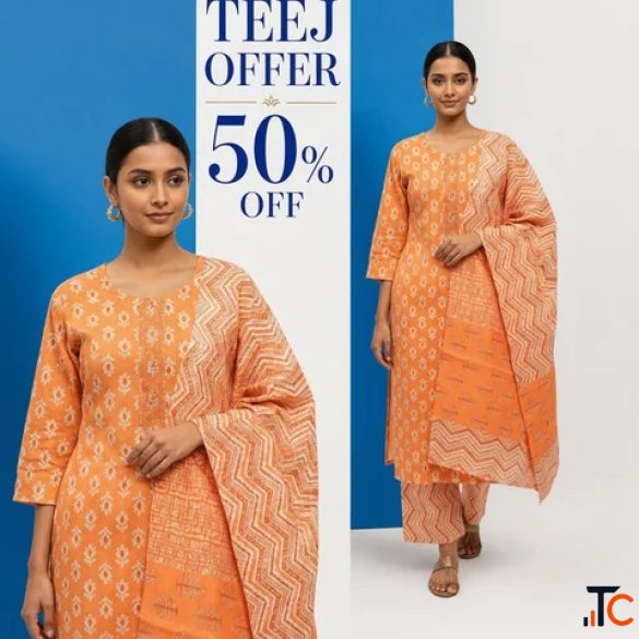 Stylish Orange Printed Cotton Kurta Pant Set