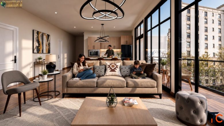 Modern Open-Concept Living Room Kitchen Photorealistic 3D Interior Rendering Services