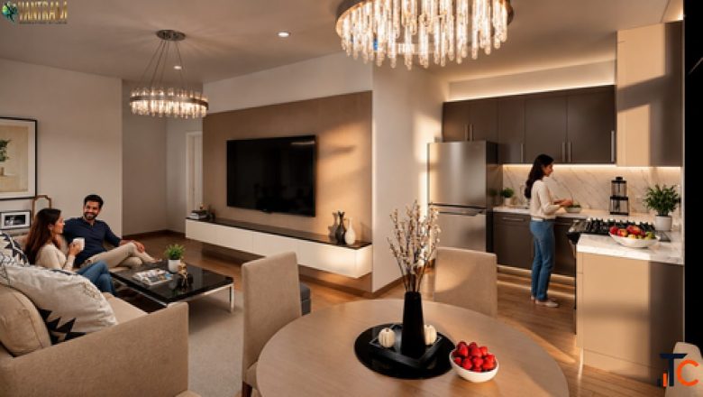 Modern Open-Concept Living Room Kitchen Photorealistic 3D Interior Rendering Services
