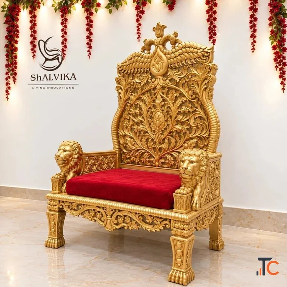 Luxury Guruji Chair with Lion Carving