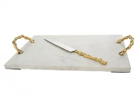 Classic Touch White Marble Challah Tray with Wooden Handles
